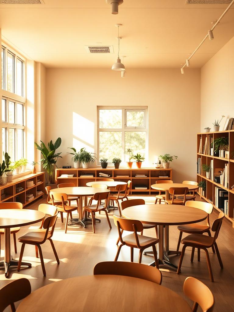 A modern classroom with collaborative tables and natural light