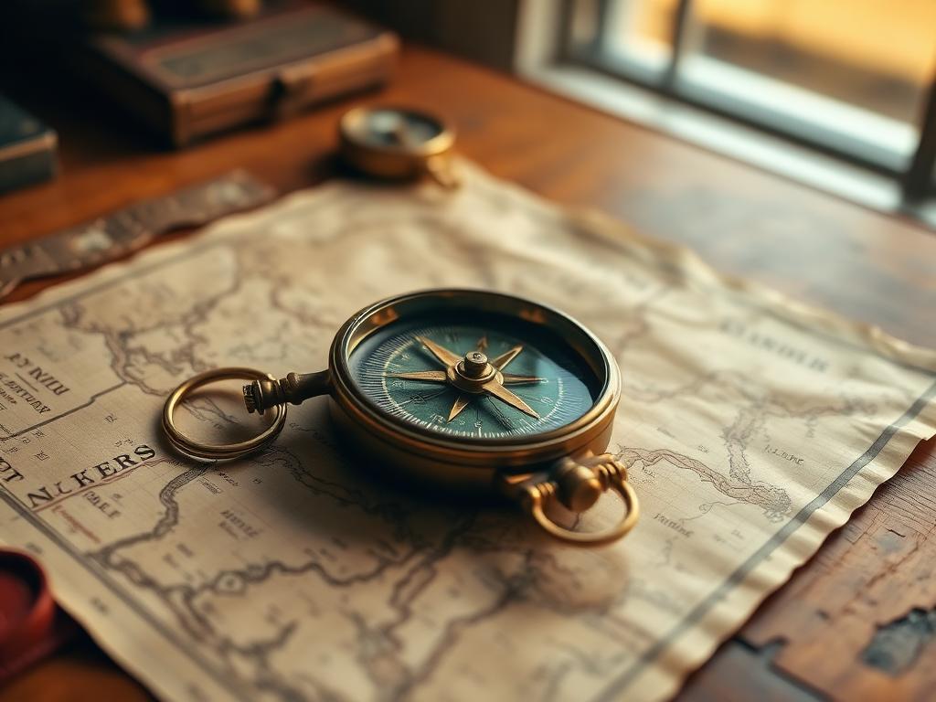 A brass compass resting on an aged map in warm light