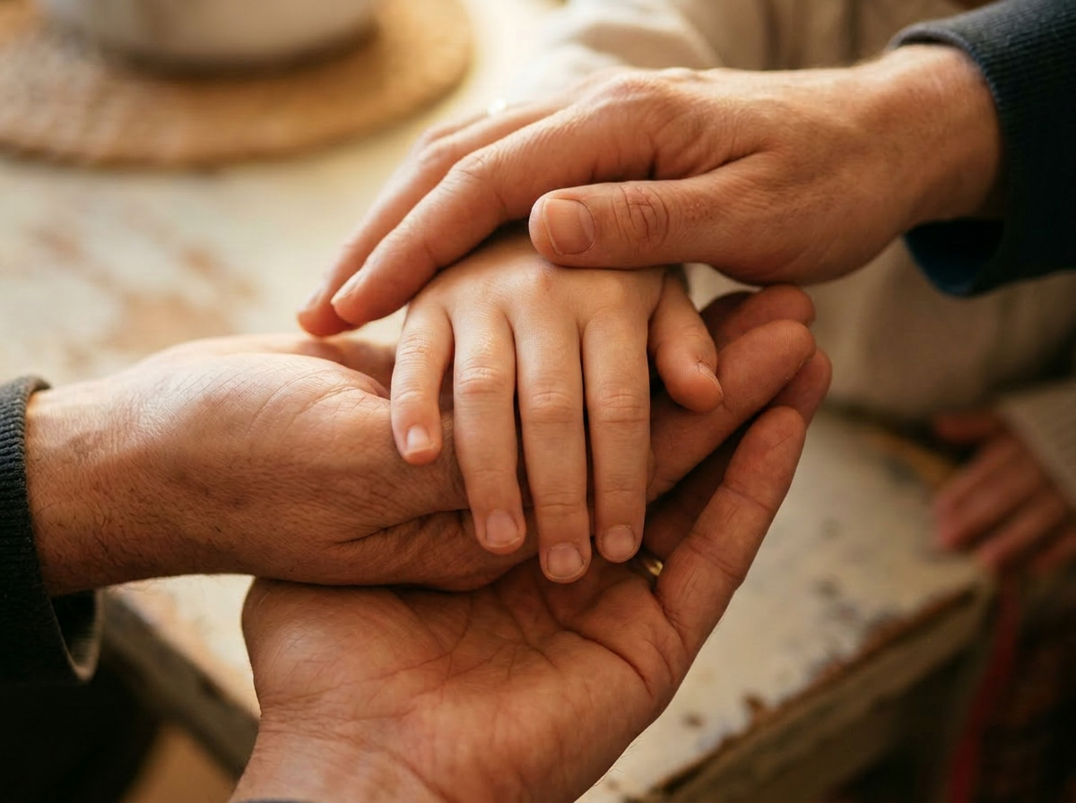 An adult hand supporting a younger student's hand